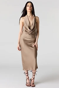 Satin Cowlneck Metal Ring Midi Dress