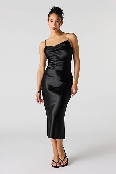 Satin Cowl Neck Midi Dress