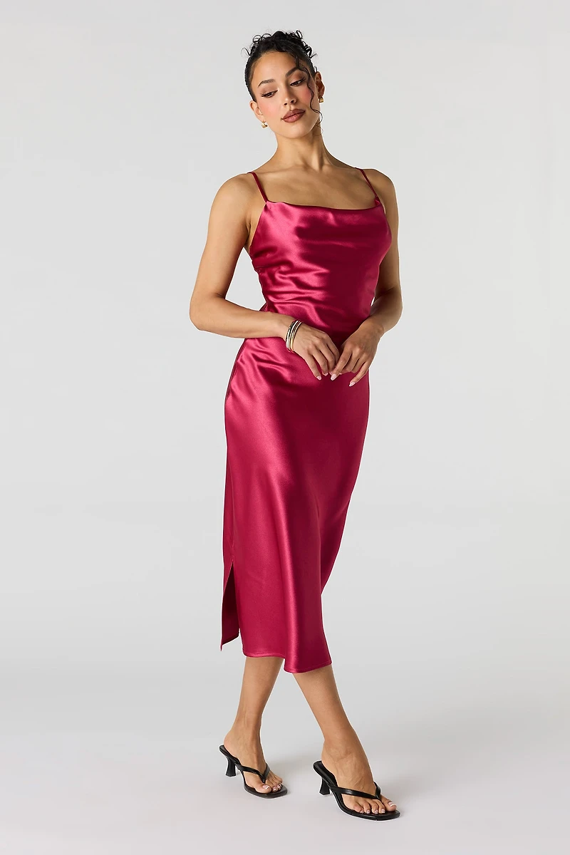 Satin Cowl Neck Midi Dress