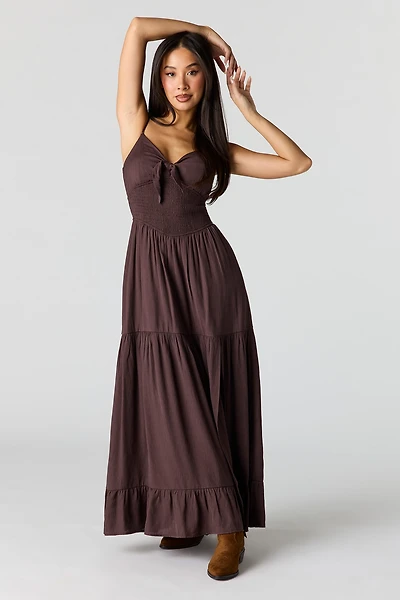 Crepe Smocked Tiered Slit Maxi Dress