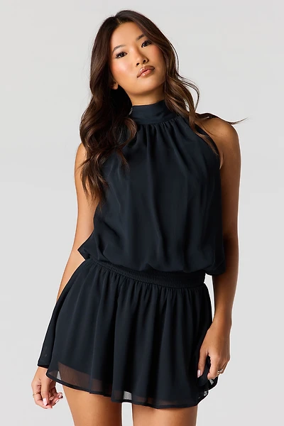 Chiffon Self-Tie Back Mini Dress