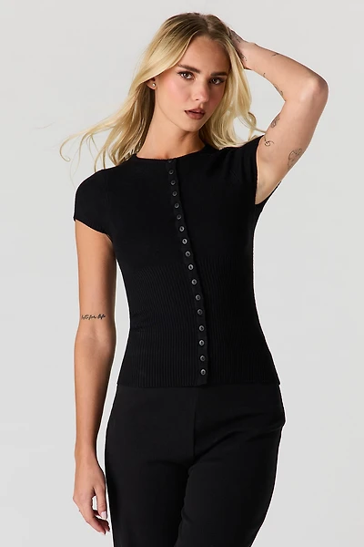 Button-Up Short Sleeve Knit Top