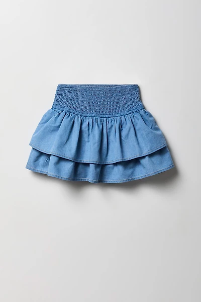 Girls Smocked Ruffle Tiered Chambray Skort