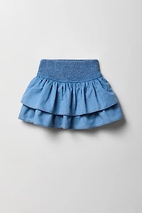 Girls Smocked Ruffle Tiered Chambray Skort