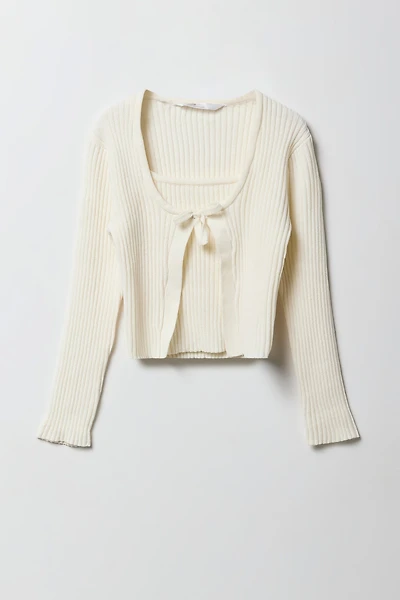 Girls Ribbed Knit Layered Tie-Front Sweater