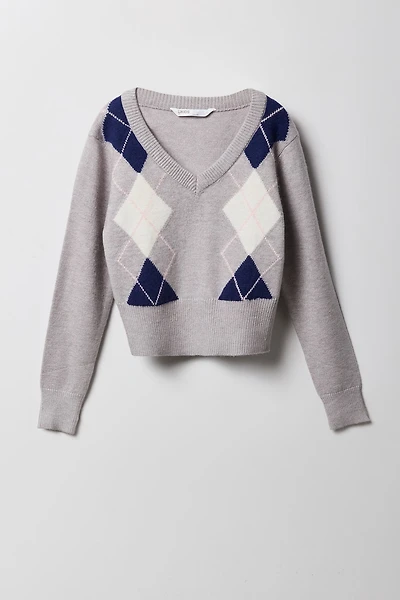 Girls Argyle Knit V-Neck Sweater