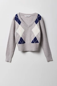 Girls Argyle Knit V-Neck Sweater