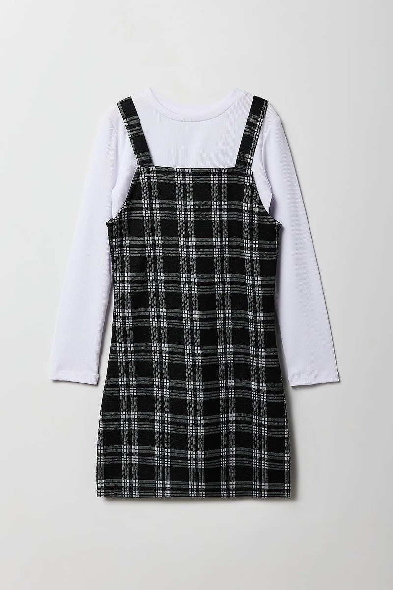 Girls Plaid Dress & Long Sleeve Top Set
