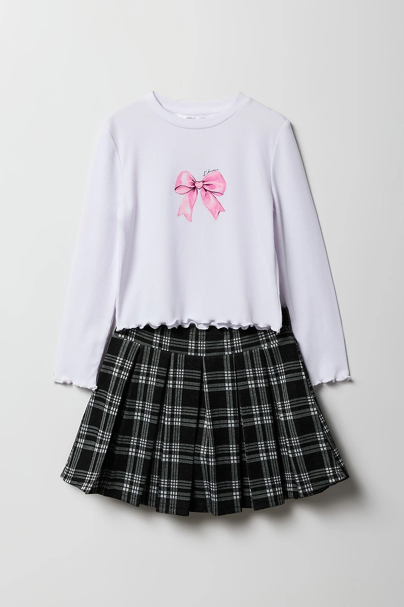 Girls Graphic Long Sleeve Top & Plaid Skort Set