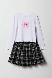 Girls Graphic Long Sleeve Top & Plaid Skort Set