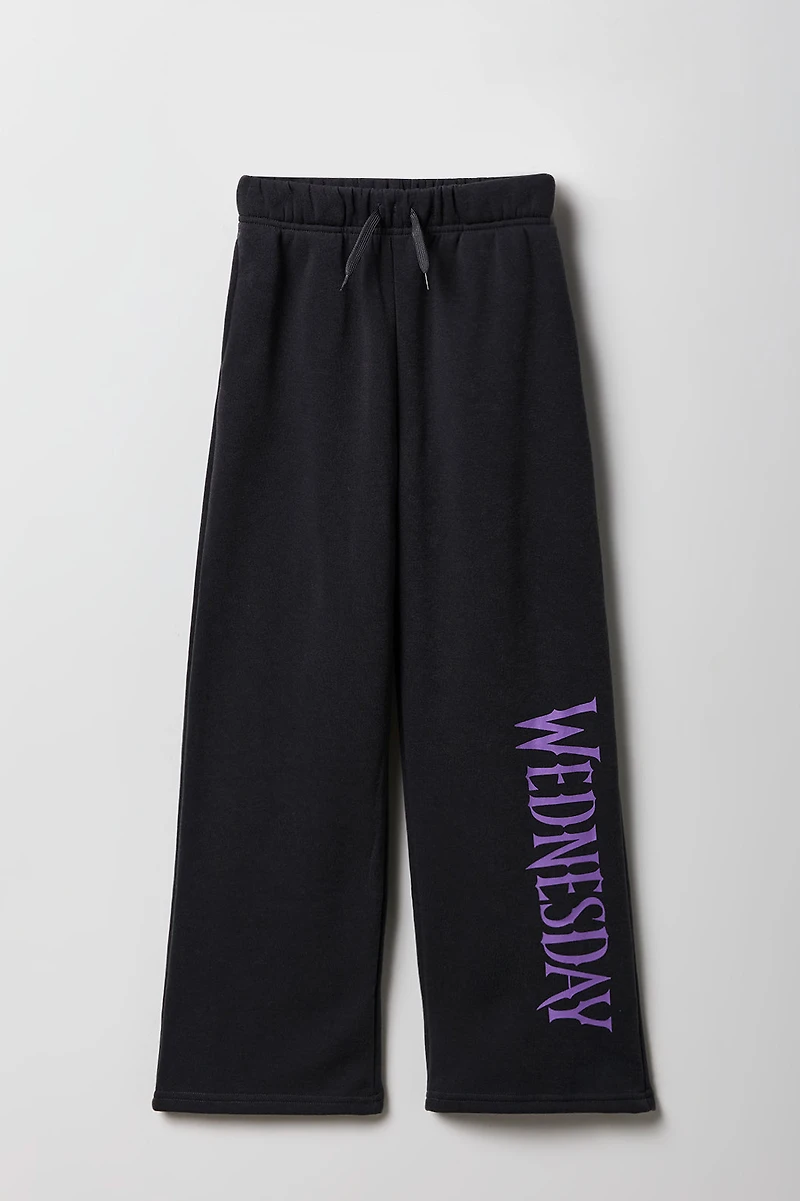 Pantalon d'entraînement à jambe large en molleton imprimé Wednesday pour fille