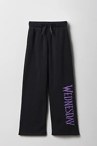 Pantalon d'entraînement à jambe large en molleton imprimé Wednesday pour fille