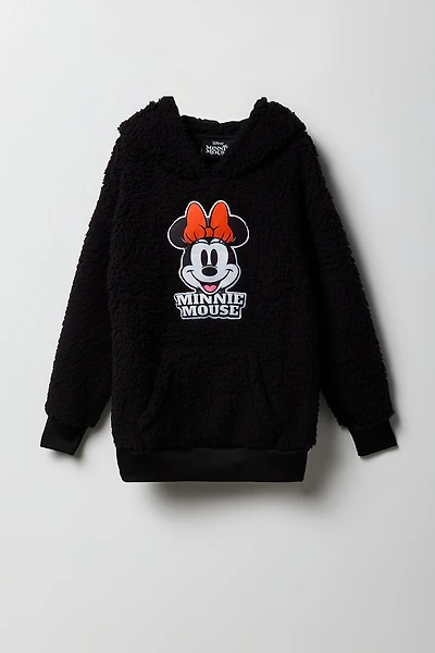 Girls Minnie Mouse Twill Embroidered Sherpa Hoodie