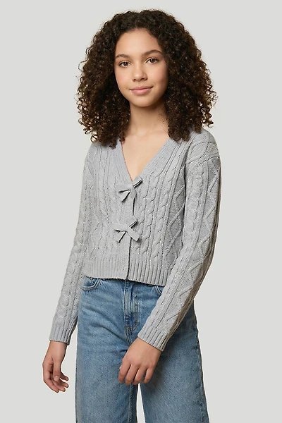 Girls Cable Knit Self-Tie Cardigan