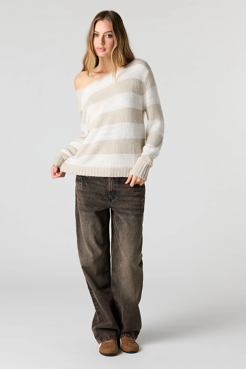 Striped Mossy Knit Off Shoulder Sweater