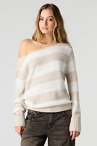 Striped Mossy Knit Off Shoulder Sweater
