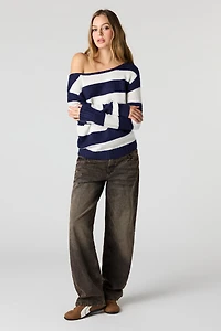 Striped Mossy Knit Off Shoulder Sweater