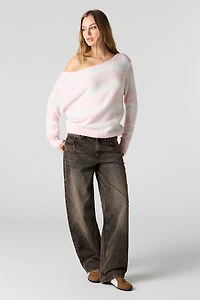 Striped Mossy Knit Off Shoulder Sweater
