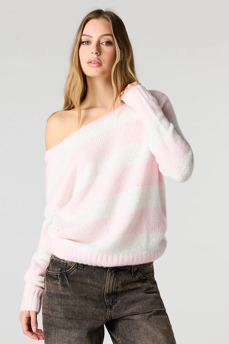Striped Mossy Knit Off Shoulder Sweater