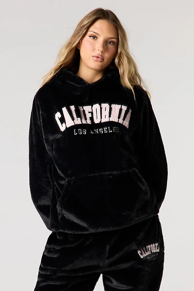 Embroidered Oversized Faux Fur Hoodie