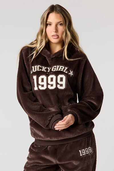 Embroidered Oversized Faux Fur Hoodie