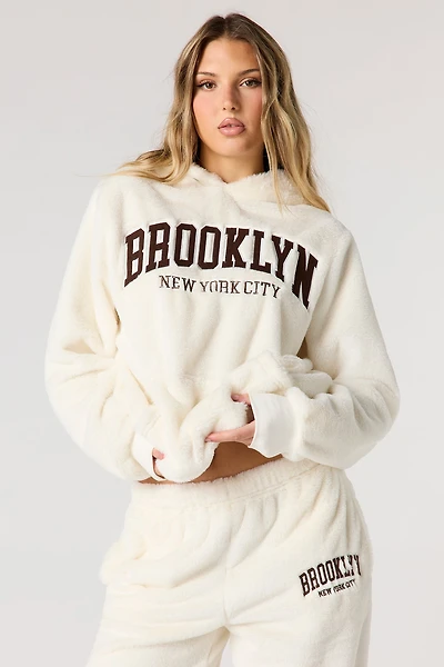 Embroidered Oversized Faux Fur Hoodie