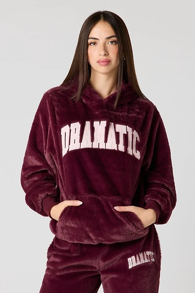 Embroidered Oversized Faux Fur Hoodie