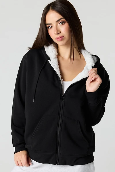 Oversized Sherpa Lined Zip-Up Fleece Hoodie