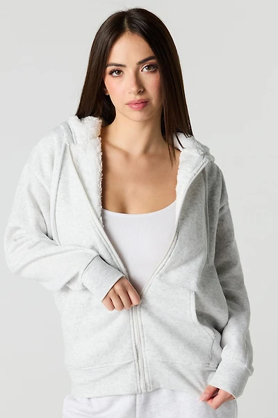 Oversized Sherpa Lined Zip-Up Fleece Hoodie