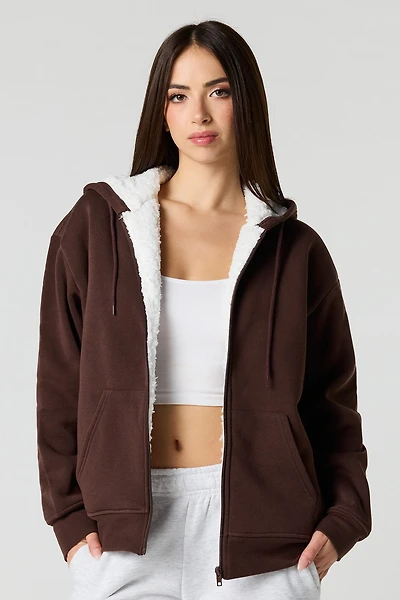 Oversized Sherpa Lined Zip-Up Fleece Hoodie