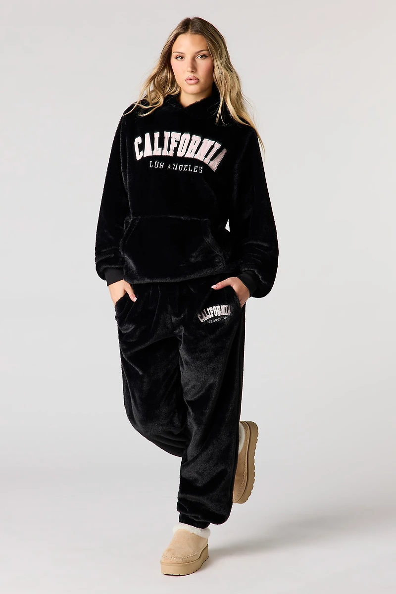 Embroidered Faux Fur Jogger