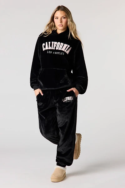 Embroidered Faux Fur Jogger