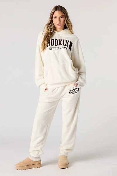 Embroidered Faux Fur Jogger