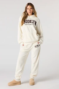 Embroidered Faux Fur Jogger