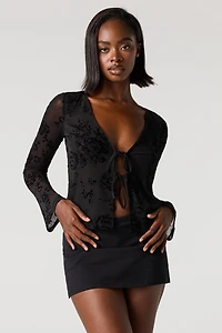 Floral Flocked Print Front-Tie Flyaway Top