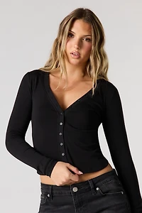 V-Neck Button-Up Long Sleeve Top