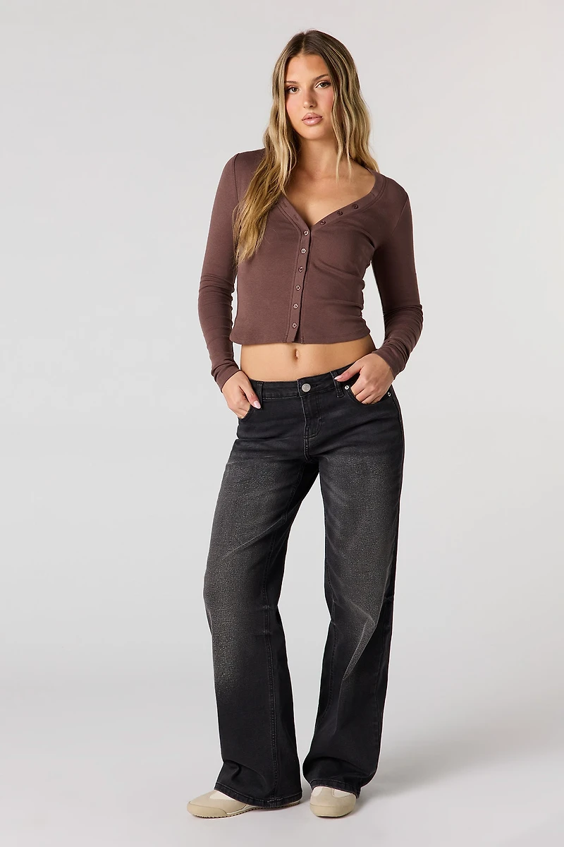 V-Neck Button-Up Long Sleeve Top