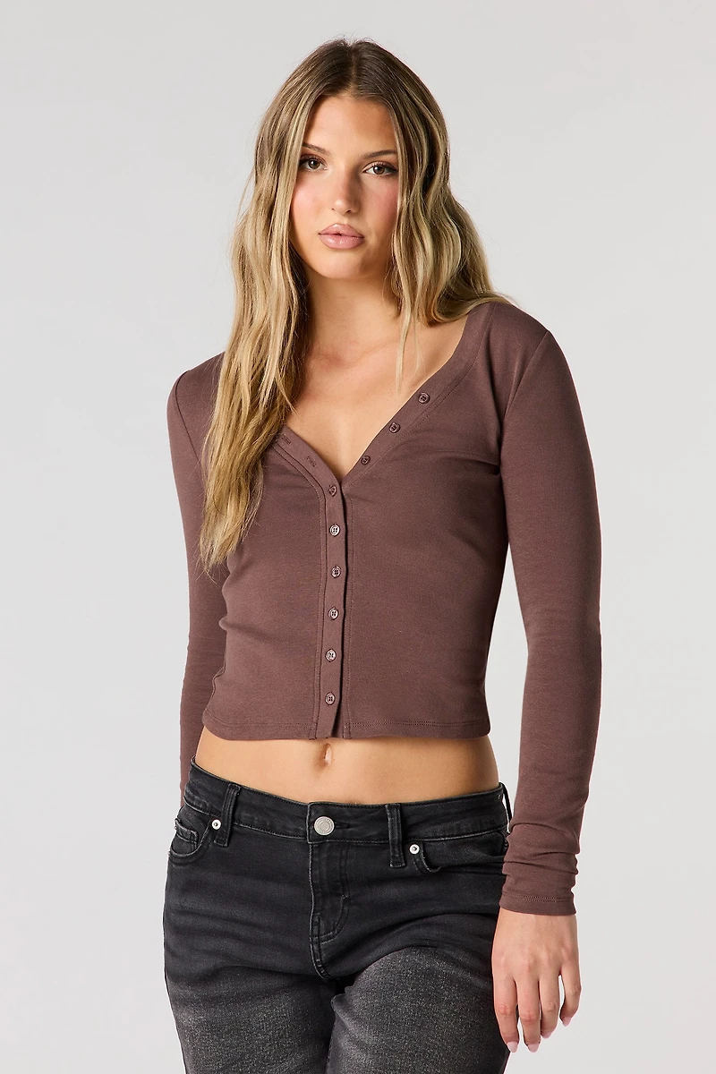 V-Neck Button-Up Long Sleeve Top