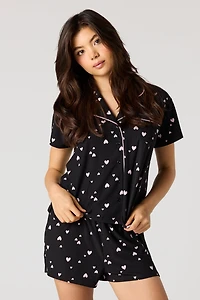 Printed Button-Up Collared Top & Short Pajama Set