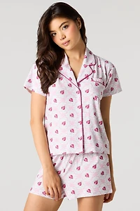 Printed Button-Up Collared Top & Short Pajama Set