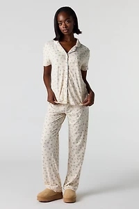 Printed Button-Up Top & Pant Pajama Set