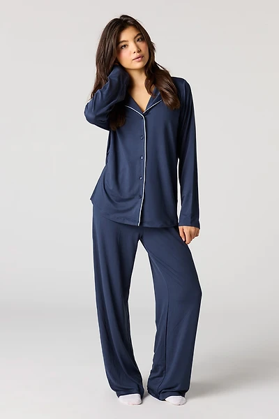 Button-Up Collared Long Sleeve Top & Pant Pajama Set
