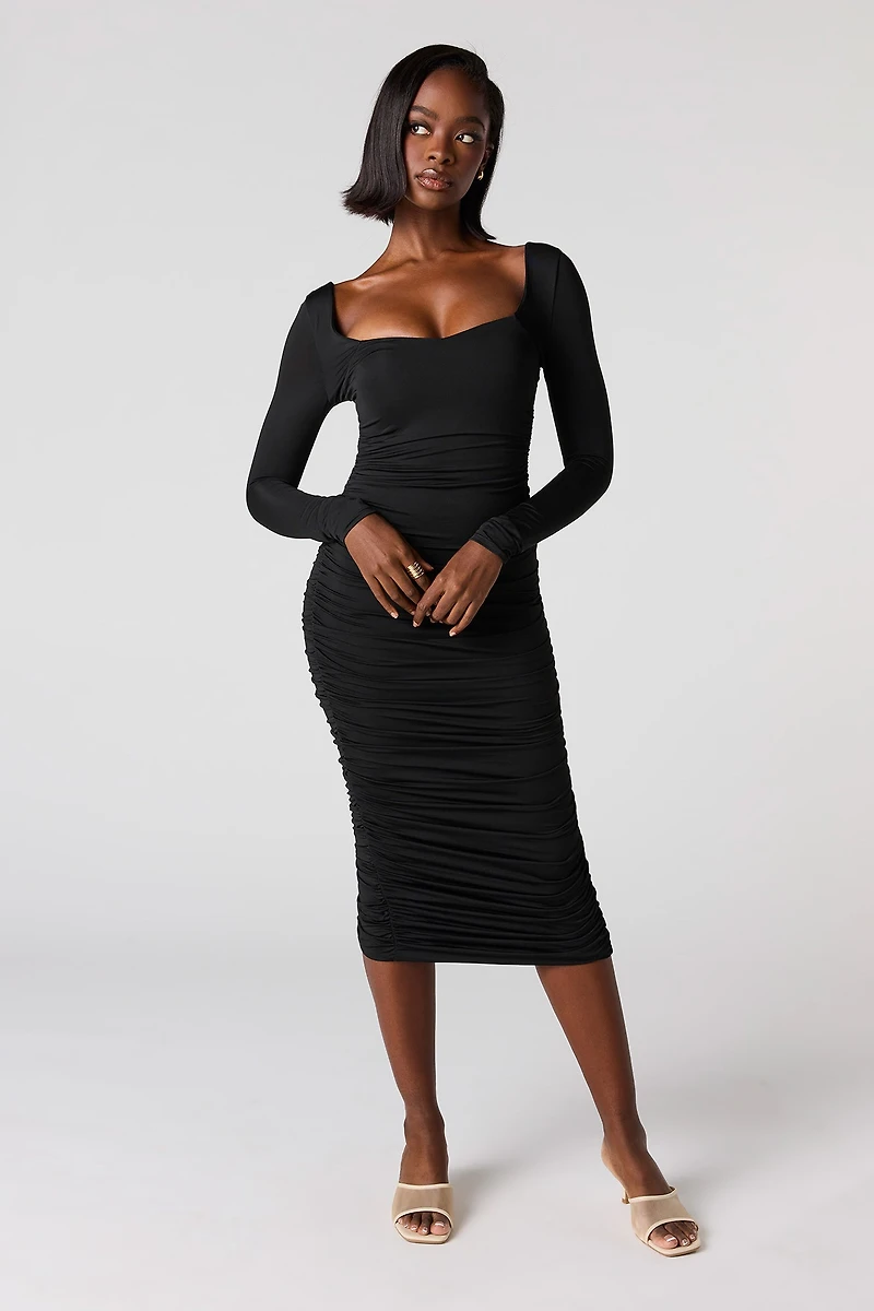 Ruched Long Sleeve Braless Midi Dress