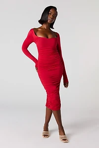Ruched Long Sleeve Braless Midi Dress