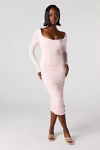 Ruched Long Sleeve Braless Midi Dress