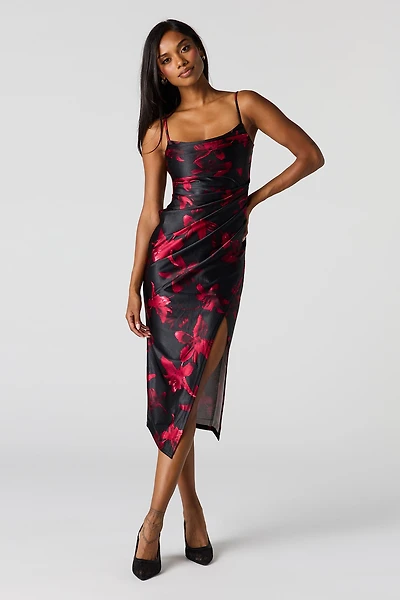 Satin Ruched Cowl Neck Slit Midi Dress