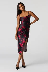 Satin Ruched Cowl Neck Slit Midi Dress