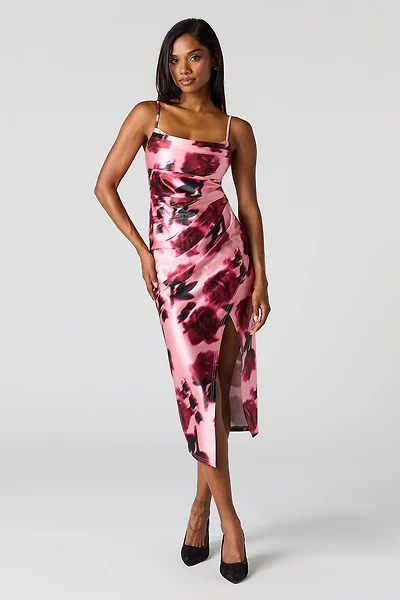 Satin Ruched Cowl Neck Slit Midi Dress