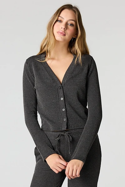 Ribbed Knit V-Neck Button-Up Cardigan