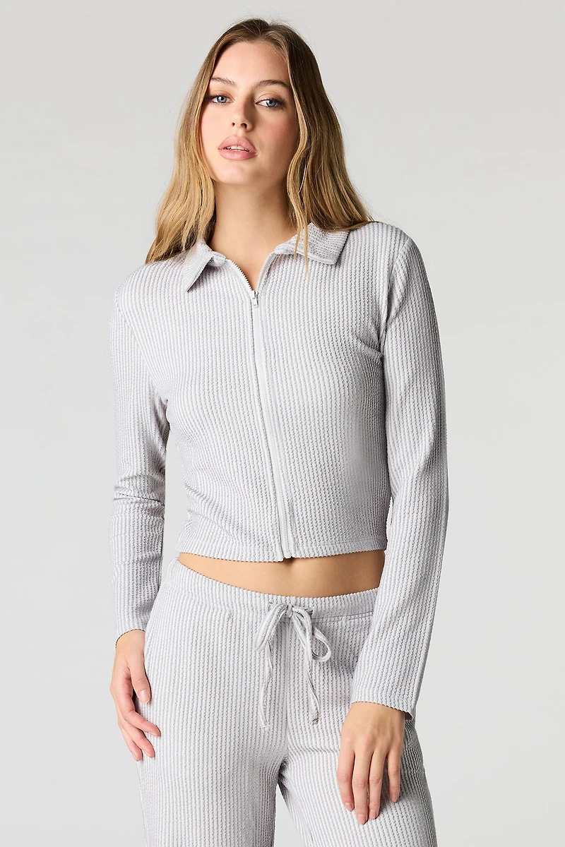 Ribbed Knit Long Sleeve Zip-Up Top